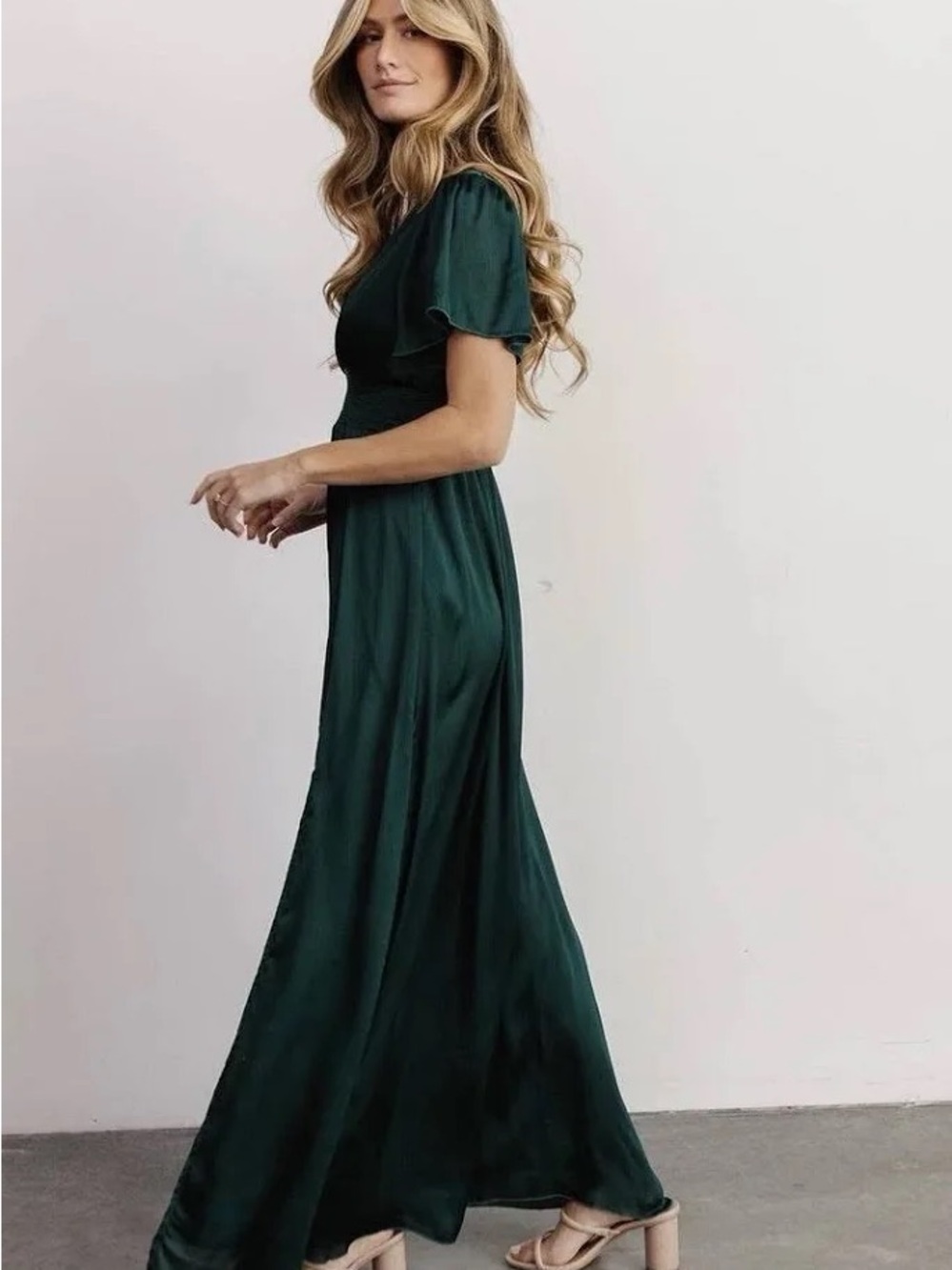 Baltic Born Dark Green Satin V-Neck Flutter Sleeve Maxi Dress